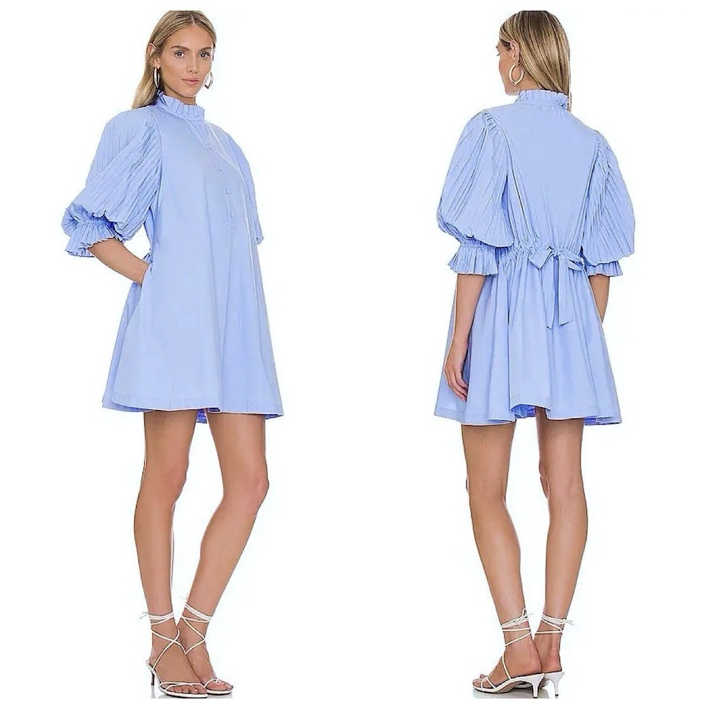 Sovere Focus Pleat Mini Dress Womens Sz S Blue 3/4 Sleeve Back Tie Waist